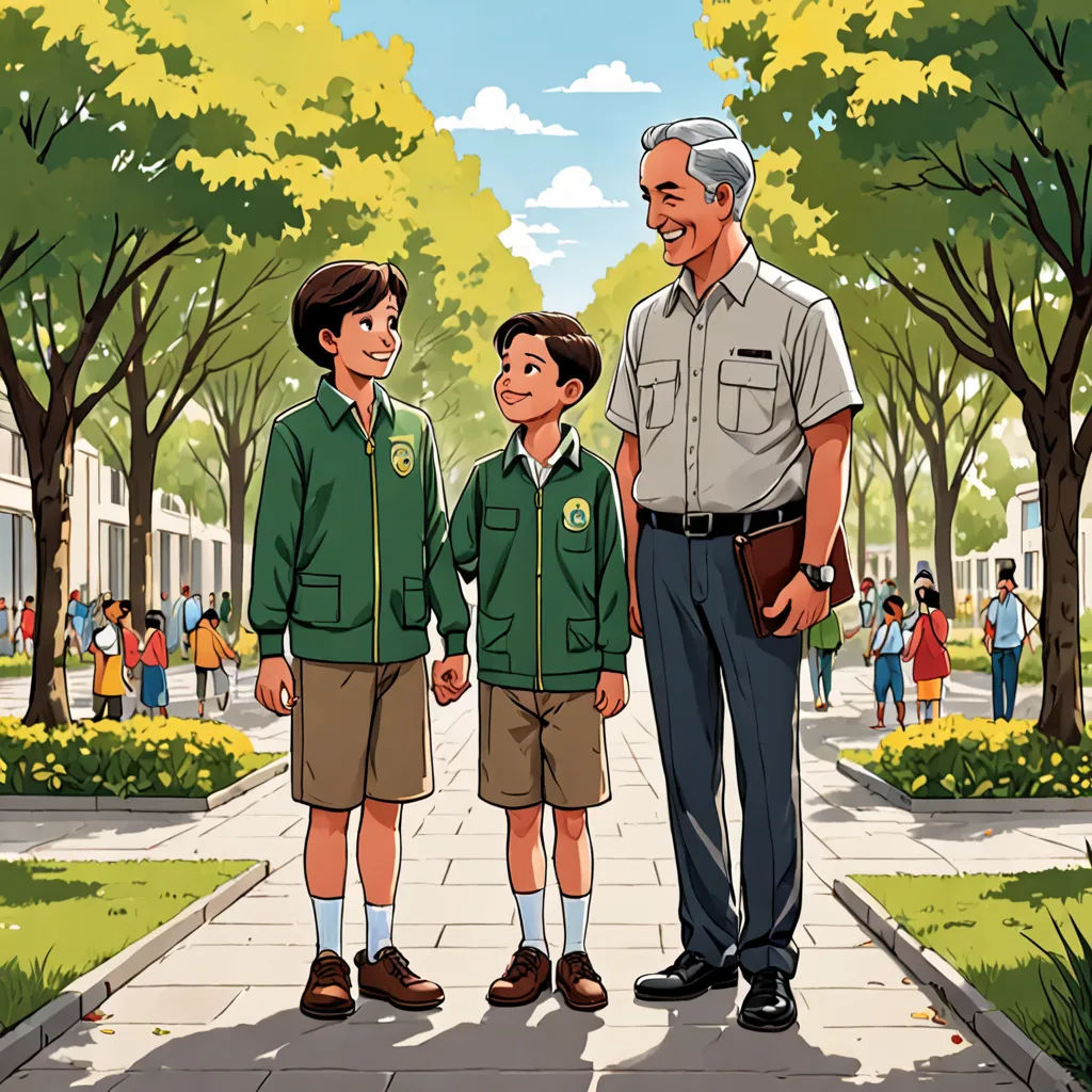 a man standing next to two boys on a sidewalk in a park with trees and people in the background, a storybook illustration, official art, american scene painting, F Scott Hess
