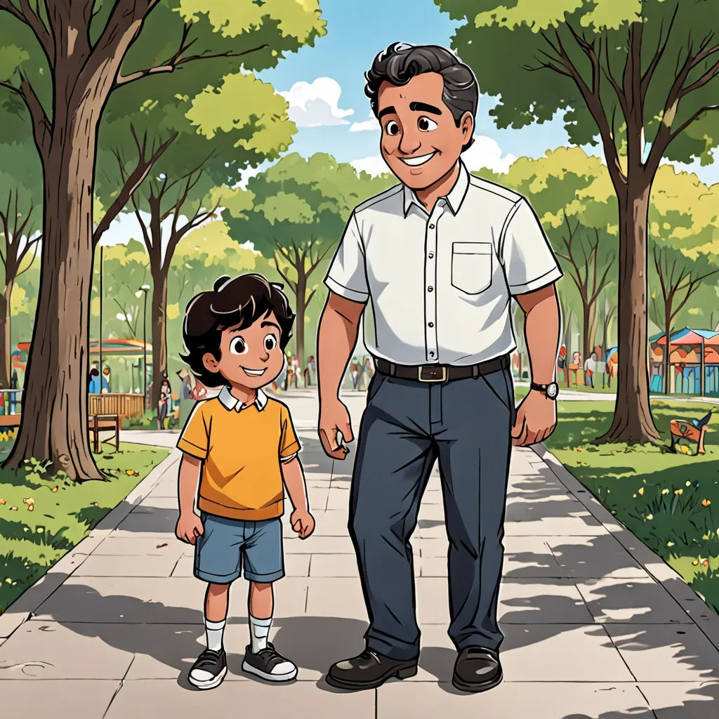 a man and a little boy walking down a sidewalk in a park with trees and benches in the background, a storybook illustration, promotional image, american scene painting, Americo Makk