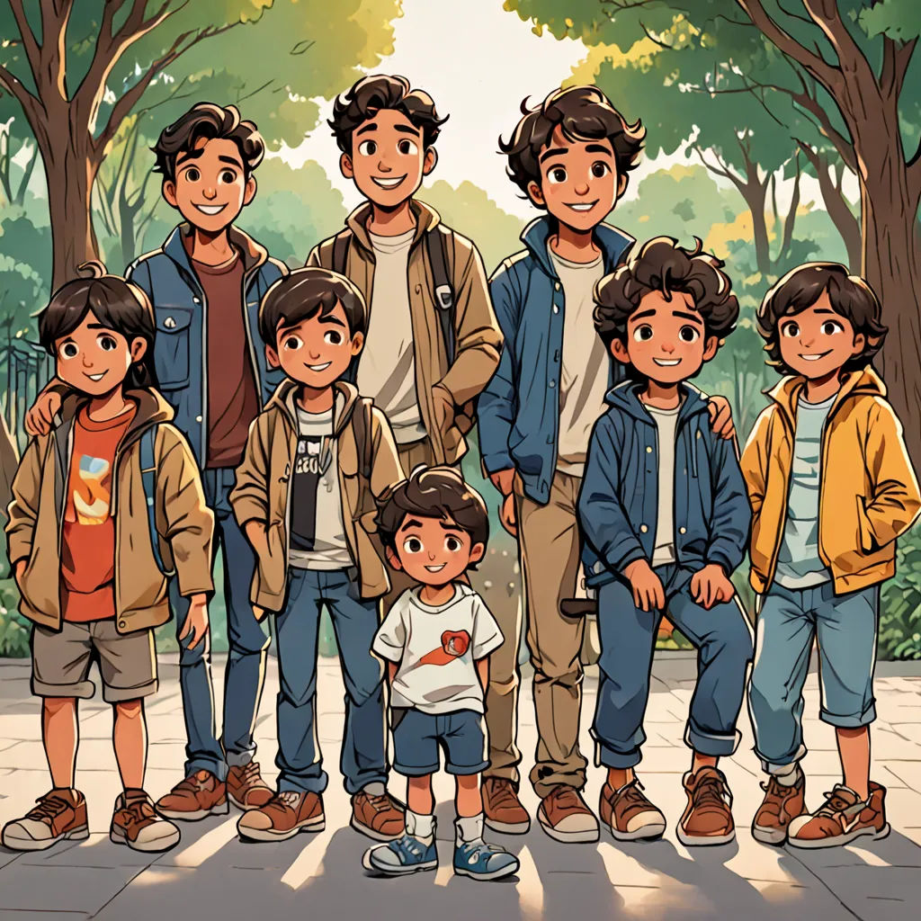 a group of people standing next to each other in front of trees and bushes with a boy in the middle, a storybook illustration, comic cover art, process art, Eddie Mendoza