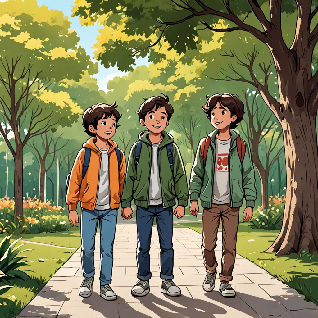 three boys walking down a path in a park with trees and flowers in the background, one boy in the foreground, a storybook illustration, official art, vancouver school, Brothers Hildebrandt