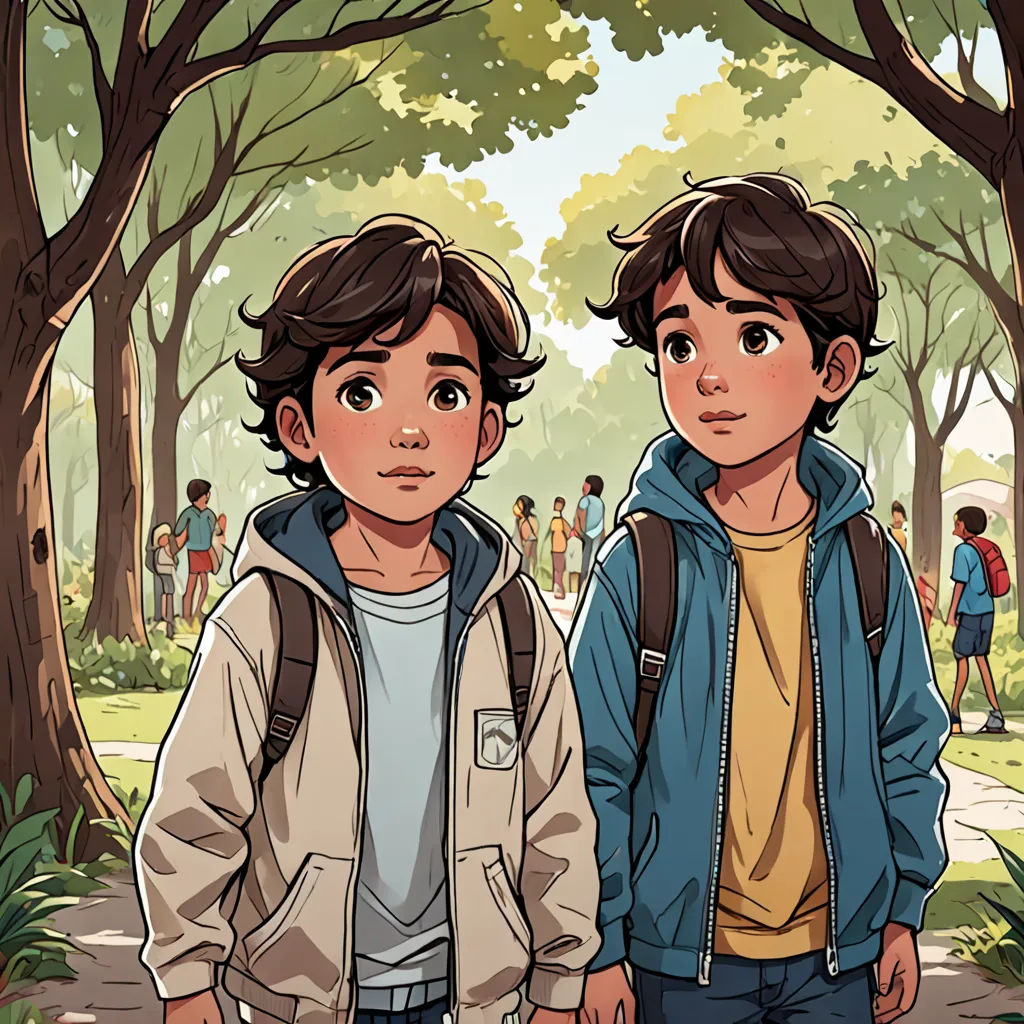 two young boys standing next to each other in a park with trees and people in the background, one boy is wearing a backpack, a storybook illustration, comic cover art, serial art, Diego Gisbert Llorens