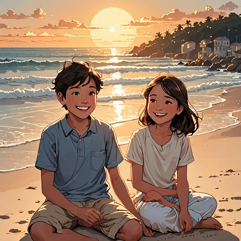 a couple of kids sitting on top of a sandy beach next to the ocean at sunset with the sun setting, art & language, a comic book panel, Brothers Hildebrandt, rossdraws global illumination