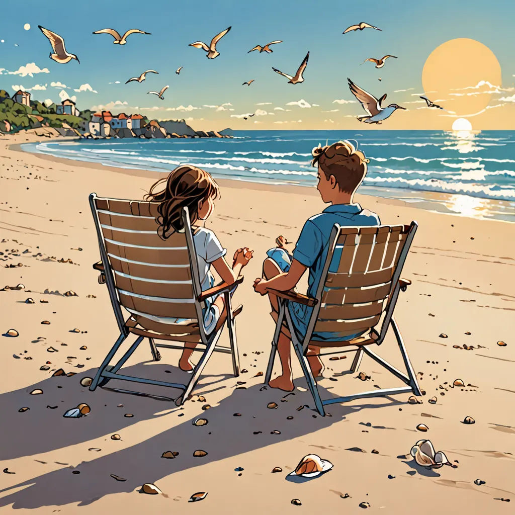 a couple of people sitting on top of a beach next to a chair on a beach near the ocean, american scene painting, a storybook illustration, F Scott Hess, comic cover art