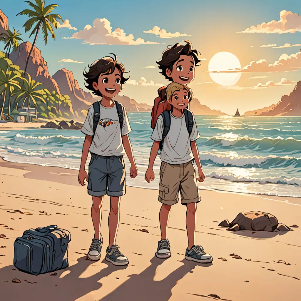 a couple of kids standing on top of a beach next to a suitcase and a bag of luggage on a beach, les nabis, a comic book panel, Brothers Hildebrandt, official art