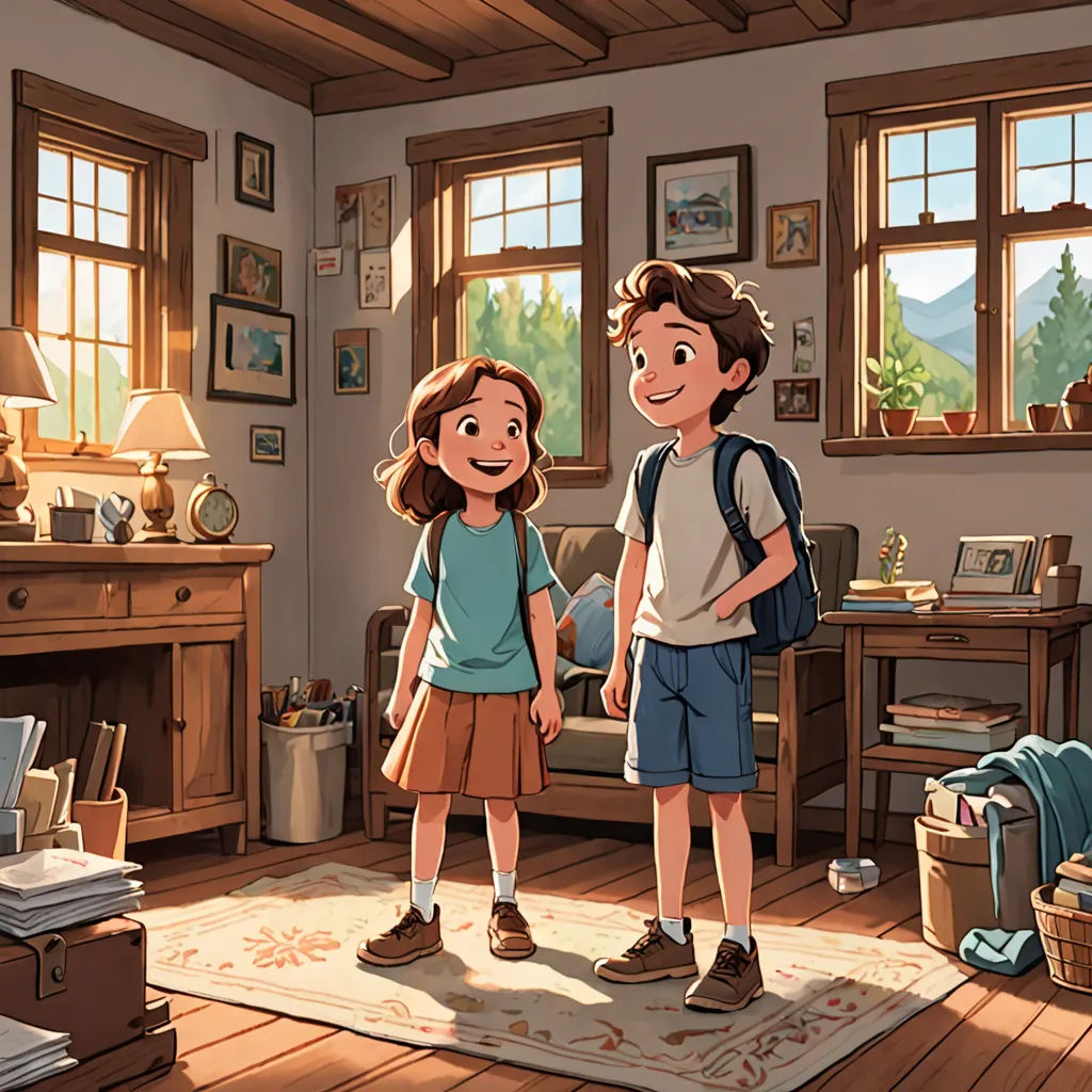 a boy and a girl standing in a room with a rug on the floor and a rug on the floor, american scene painting, a storybook illustration, Diego Gisbert Llorens, promotional image