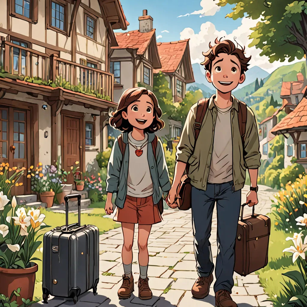 a man and a woman walking down a street holding hands and carrying luggage bags, with a house in the background, paris school, a storybook illustration, Cliff Childs, official art