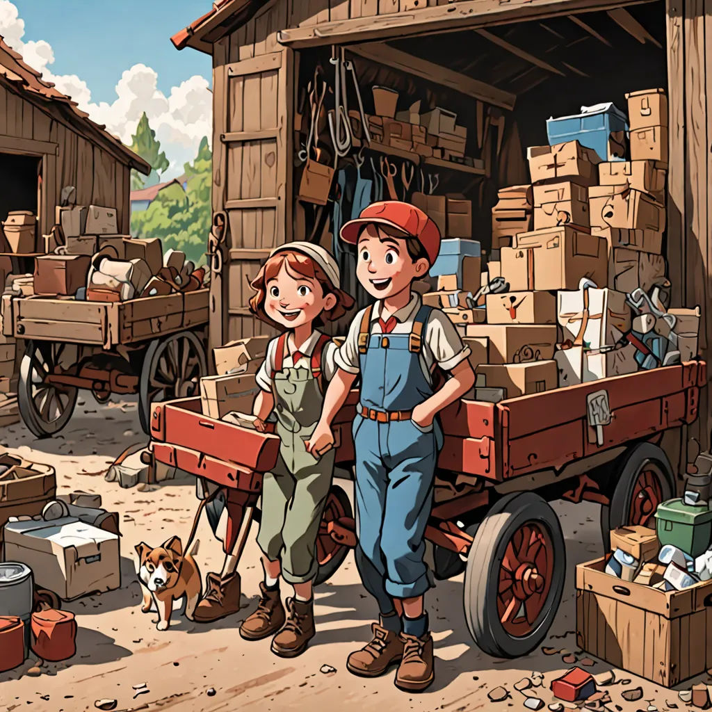 a boy and a girl standing next to a wagon full of boxes and boxes in front of a barn, les automatistes, a storybook illustration, Brothers Hildebrandt, cushart krenz