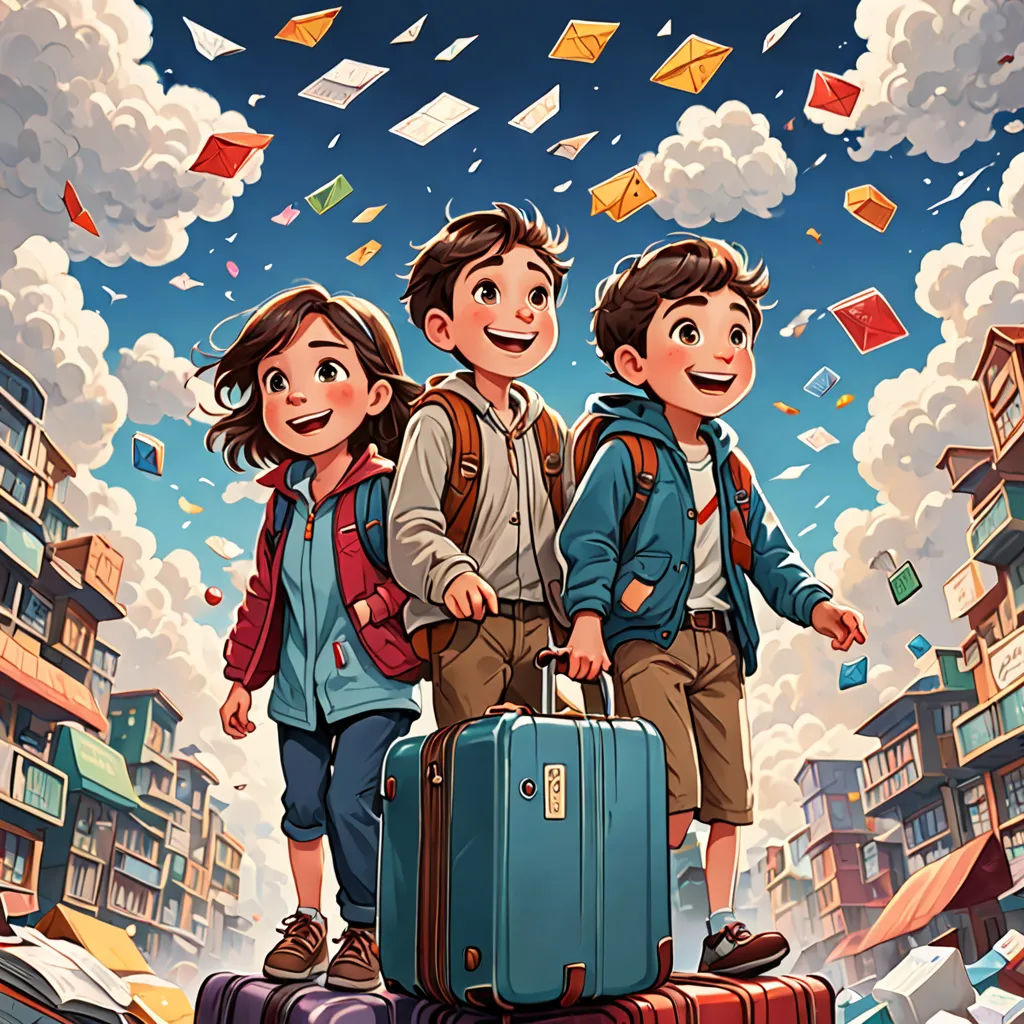 a group of people standing on top of a pile of luggage in the air with a sky background and a city with kites flying above, art & language, a storybook illustration, Diego Gisbert Llorens, rossdraws global illumination