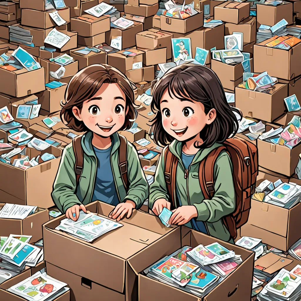 two girls standing in a box filled with books and magazines, surrounded by boxes of books and magazines, all looking at the same person, private press, a storybook illustration, Choi Buk, comic cover art