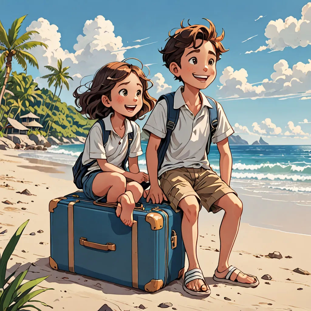 a boy and a girl sitting on a suitcase on the beach with a view of the ocean behind them, art & language, a storybook illustration, Cyril Rolando, cushart krenz