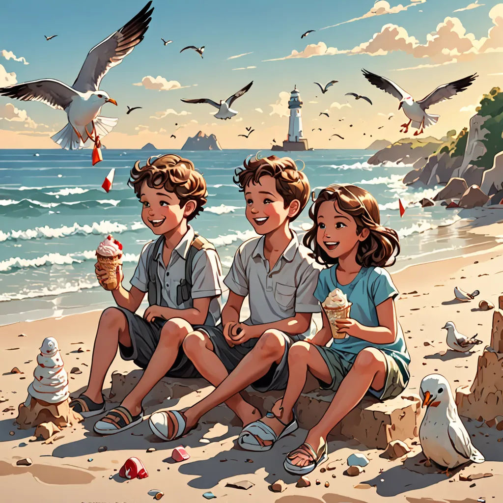 a painting of three children sitting on the beach eating ice cream and seagulls flying around them and a lighthouse in the background, fantasy art, a storybook illustration, Cyril Rolando, stanley artgerm lau