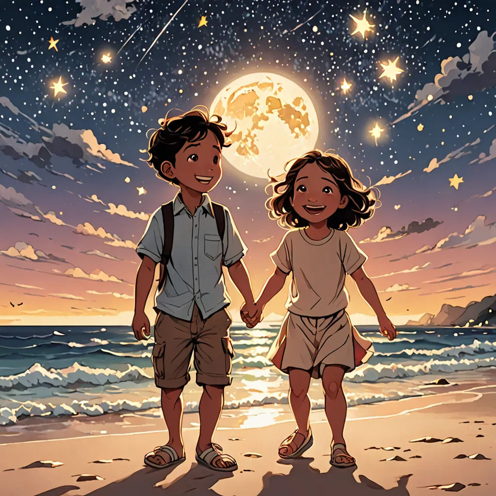 a couple of kids standing on top of a beach under a full moon and stars sky with the moon shining, space art, a comic book panel, Cliff Childs, yukito kishiro
