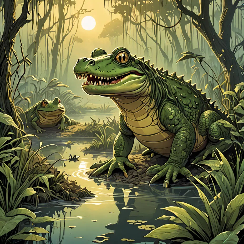 a green alligator sitting on top of a river next to a forest filled with trees and plants and a sun, fantasy art, a storybook illustration, Chris LaBrooy, magic the gathering artwork