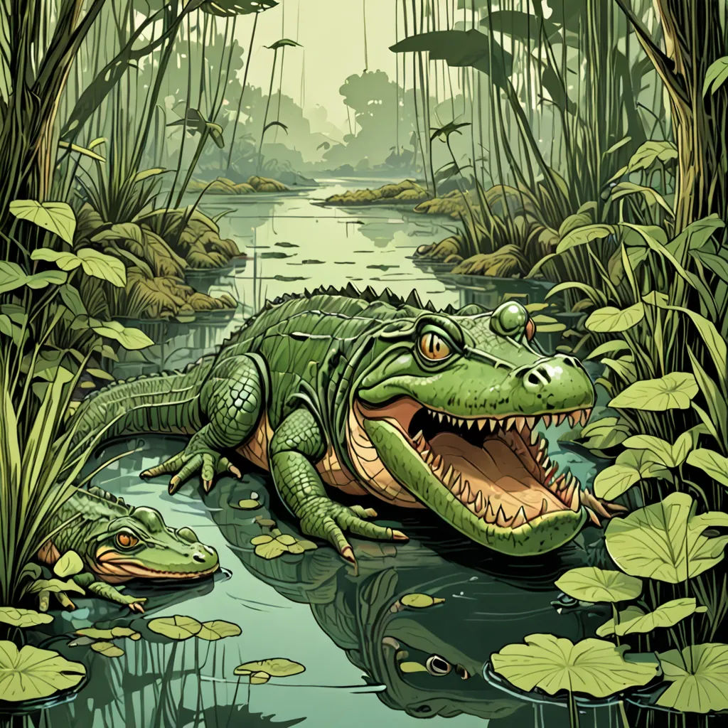 a large alligator is sitting in the water with its mouth open and it's mouth wide open, with lily pads surrounding it, naturalism, a storybook illustration, Chris LaBrooy, highly detailed digital painting