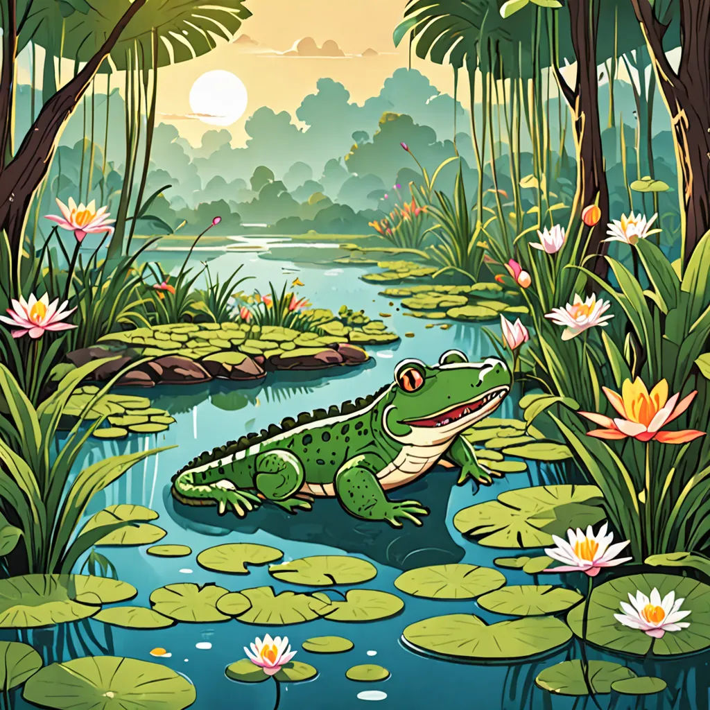 a frog is sitting on a lily pad in a swamp with lily pads and water lilies in the foreground, environmental art, a storybook illustration, Chris LaBrooy, storybook illustration