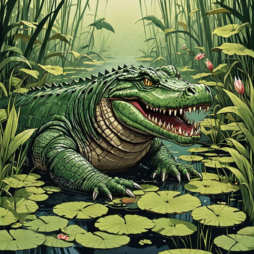 a large alligator is sitting in the water with lily pads and a butterfly in the background, with a green background, fantasy art, an illustration of, Chris LaBrooy, highly detailed digital painting