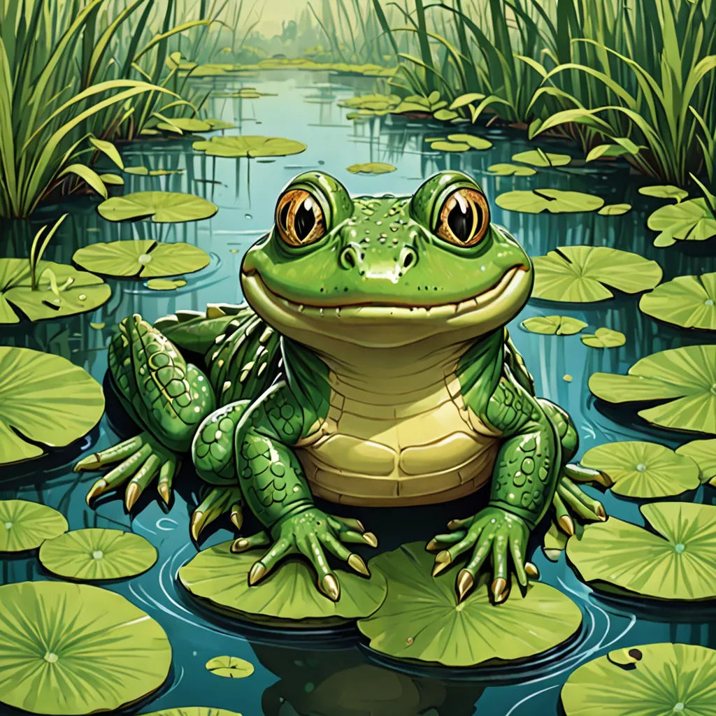 a frog sitting on a lily pad in a pond of water with lily pads around it and a pond of water lilies, fantasy art, a storybook illustration, Andries Stock, highly detailed digital painting