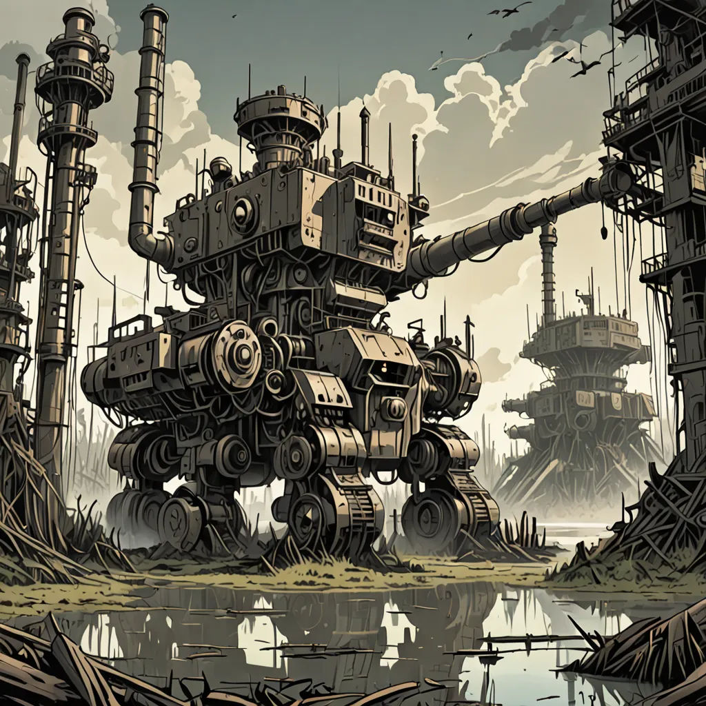 a large robot standing in a dirty area next to a lake of water and industrial buildings in the background, retrofuturism, a detailed matte painting, Diego Gisbert Llorens, dieselpunk