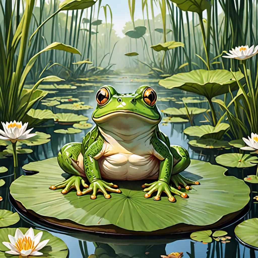 a frog sitting on a lily pad in a pond of water lilies and lily pads surrounding it is a green background with white lily pads and white water lilies, fantasy art, a detailed painting, Donato Giancola, highly detailed digital painting