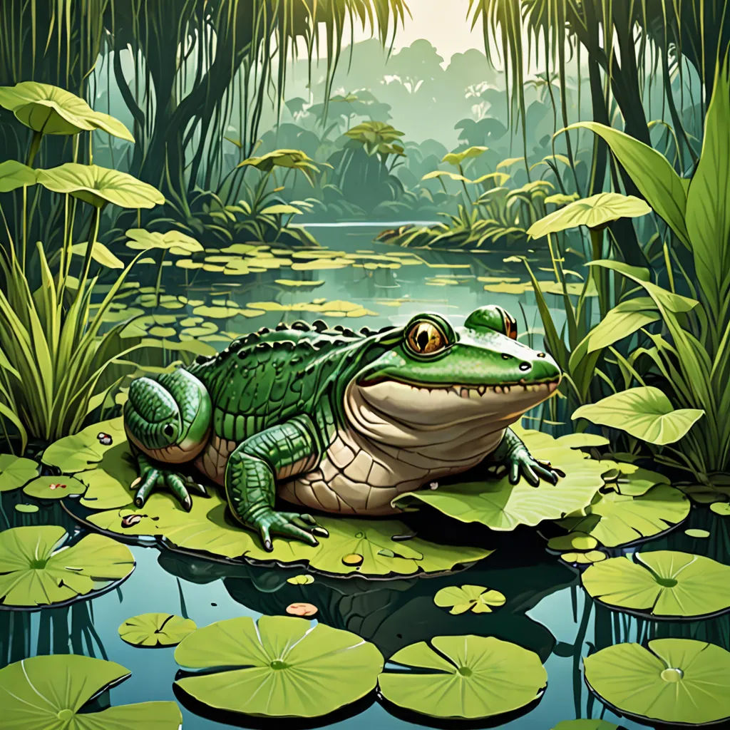 a frog is sitting on a lily pad in a swampy pond with lily pads surrounding it and a sun shining over the water, fantasy art, a storybook illustration, Chris LaBrooy, highly detailed digital painting