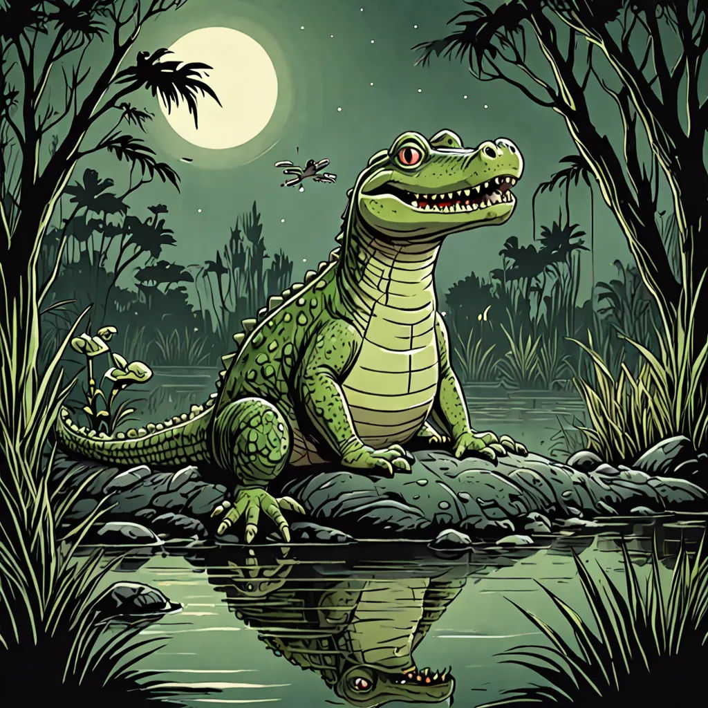 a cartoon alligator sitting on a rock in the water at night with a full moon in the background and a bird flying over the water, psychedelic art, a storybook illustration, Dan Mumford, storybook illustration