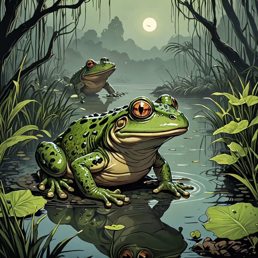 a frog sitting on top of a puddle of water next to a forest filled with green plants and trees, fantasy art, a storybook illustration, Andries Both, magic the gathering artwork
