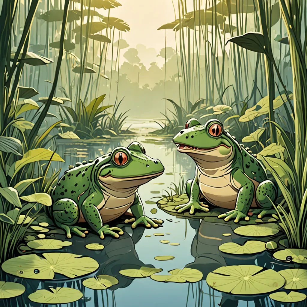 two frogs sitting on a lily pad in a swampy area with lily pads and lily pads on the water, fantasy art, a storybook illustration, Andries Both, storybook illustration