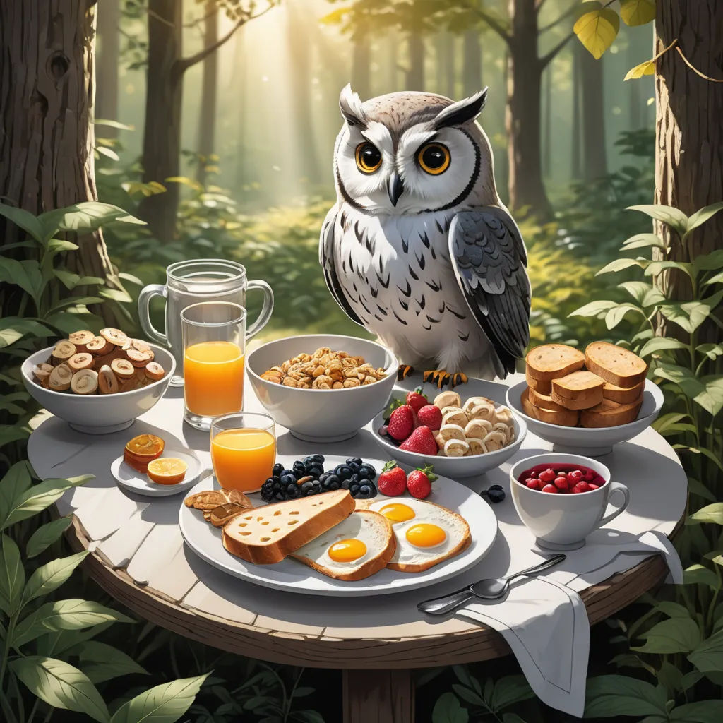a owl sitting on a table with a plate of food and a glass of orange juice in front of it, fantasy art, a storybook illustration, Dan Mumford, rossdraws global illumination