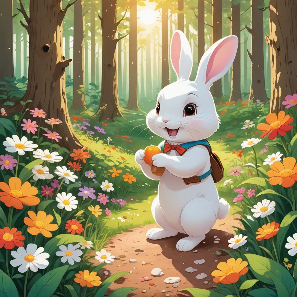 a white rabbit is standing in the woods with a bag of food in his hand and a carrot in his hand, altermodern, a storybook illustration, Chris LaBrooy, rossdraws global illumination