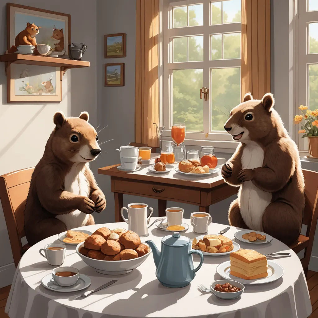 a couple of animals sitting at a table with food and drinks in front of them on a sunny day, american scene painting, a storybook illustration, Chris LaBrooy, official art