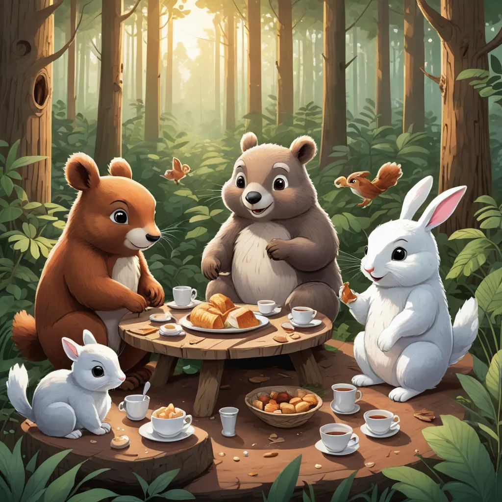 a group of animals sitting around a table with food on it in the woods with a forest background and a forest scene, sots art, a storybook illustration, Chris LaBrooy, official art