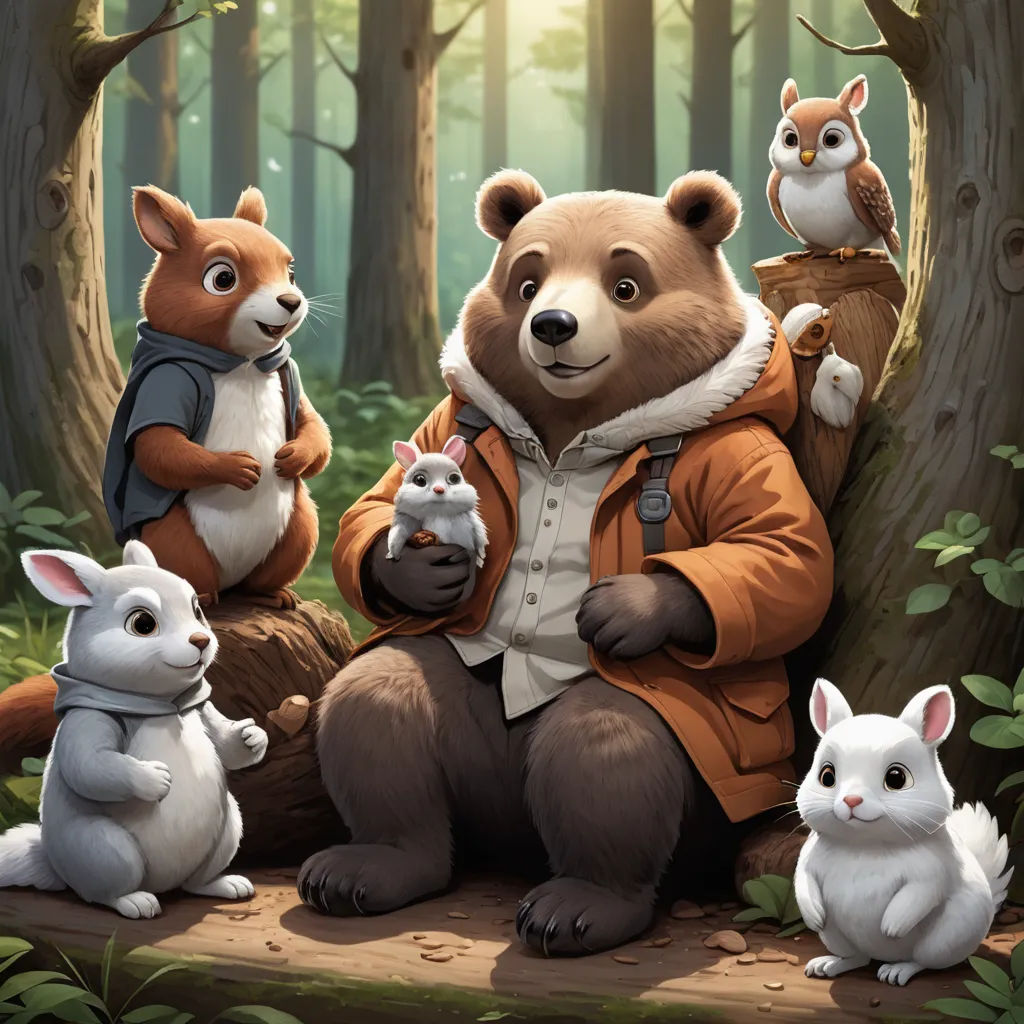 a bear and two rabbits are sitting in the woods with a squirrel and a squirrel cub on their lap, furry art, a storybook illustration, Aaron Jasinski, trending on art station