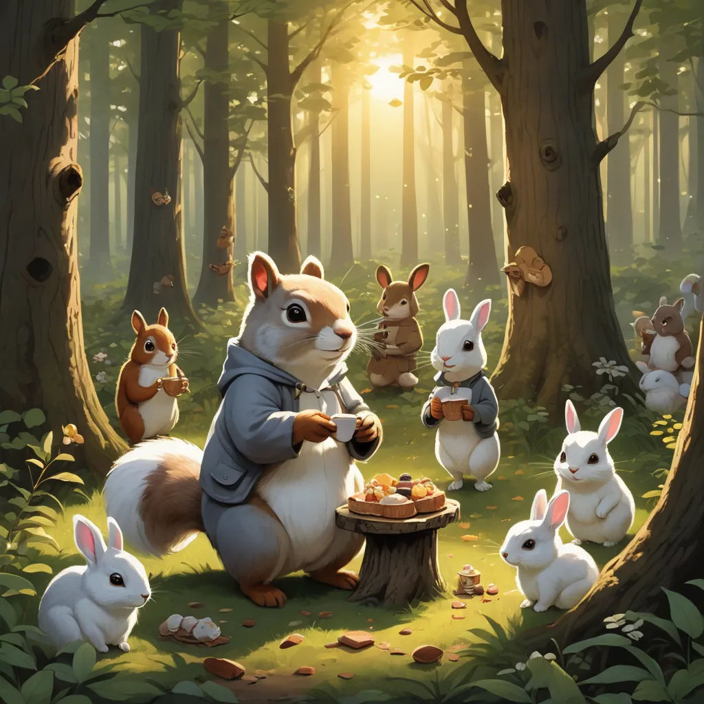 a painting of a forest with rabbits eating food from a table and a squirrel standing in the woods with other rabbits, altermodern, a storybook illustration, Chris LaBrooy, official art