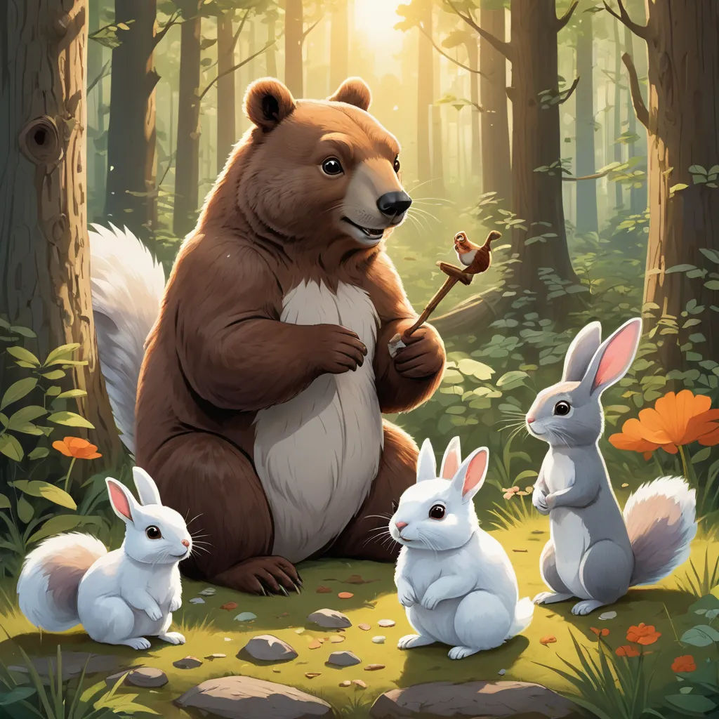 a bear and two rabbits are in the woods with a stick in their hands and a bird in its mouth, furry art, a storybook illustration, Chris LaBrooy, official art