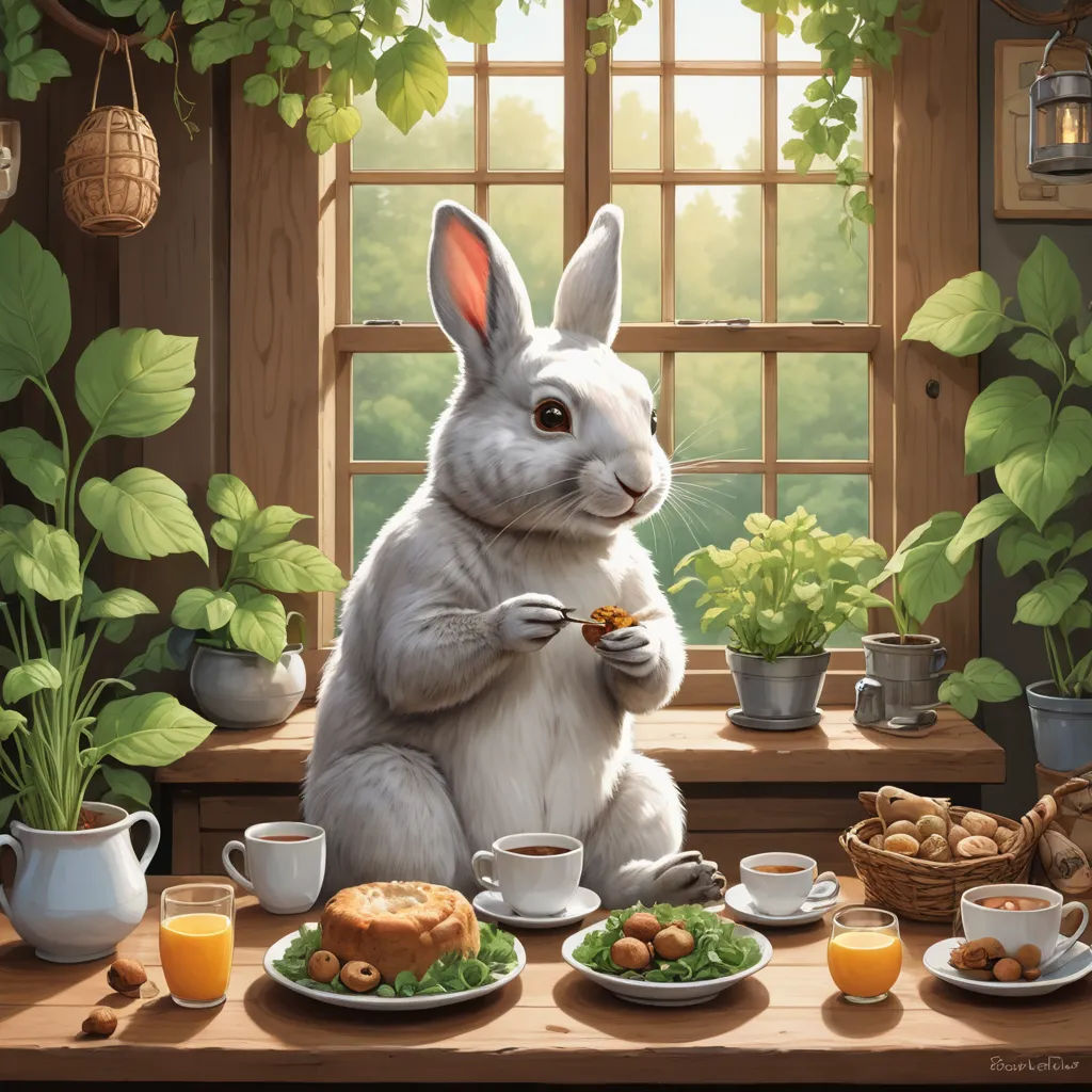 a painting of a rabbit eating food at a table with a window in the background and potted plants, fantasy art, a storybook illustration, Chris LaBrooy, trending on art station
