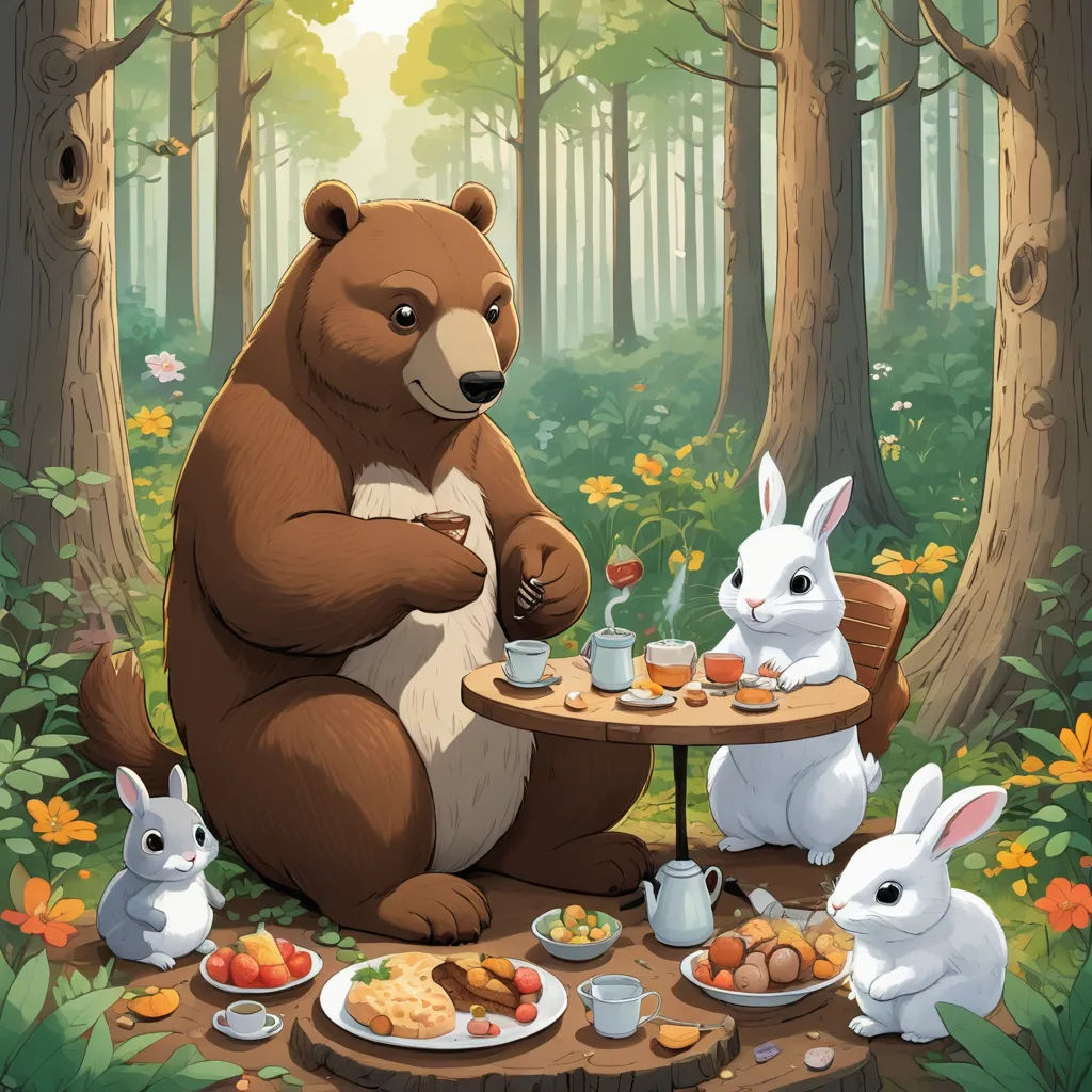a bear and two rabbits are eating in the forest with a table full of food and drinks on it, furry art, a storybook illustration, Chris LaBrooy, storybook illustration