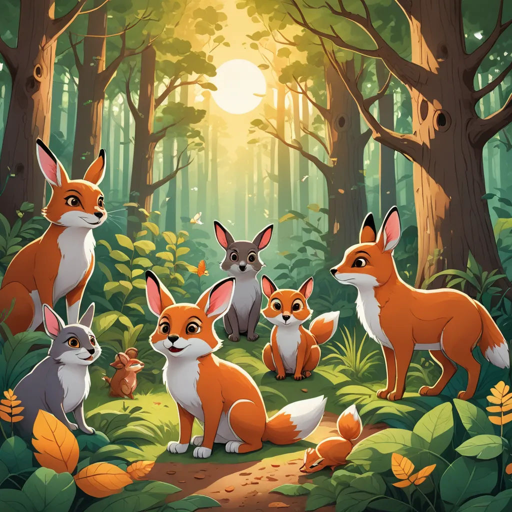 a group of foxes in a forest with a sun in the background and leaves on the ground and trees, furry art, a storybook illustration, Diego Gisbert Llorens, official art