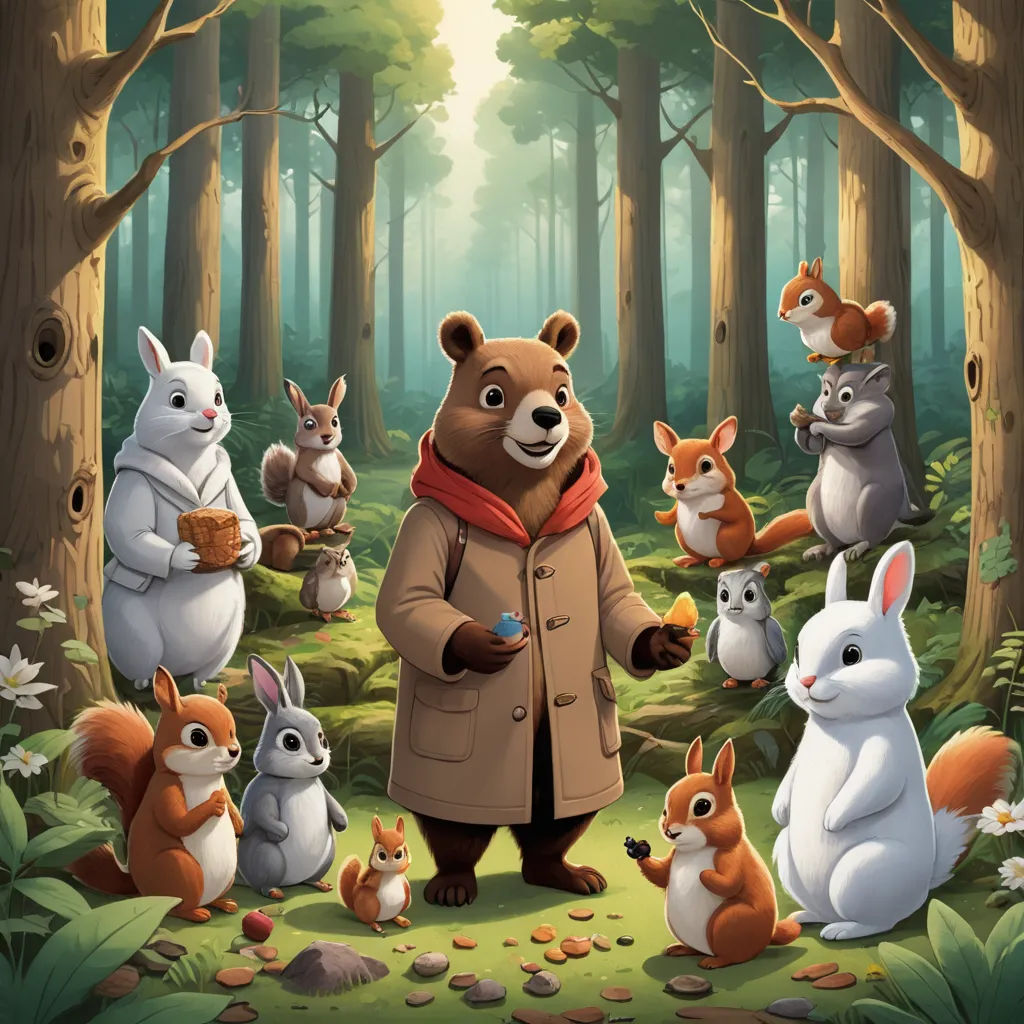 a man standing in the middle of a forest surrounded by animals and rabbits, with a bear in the middle of the forest, furry art, a storybook illustration, Chris LaBrooy, official art