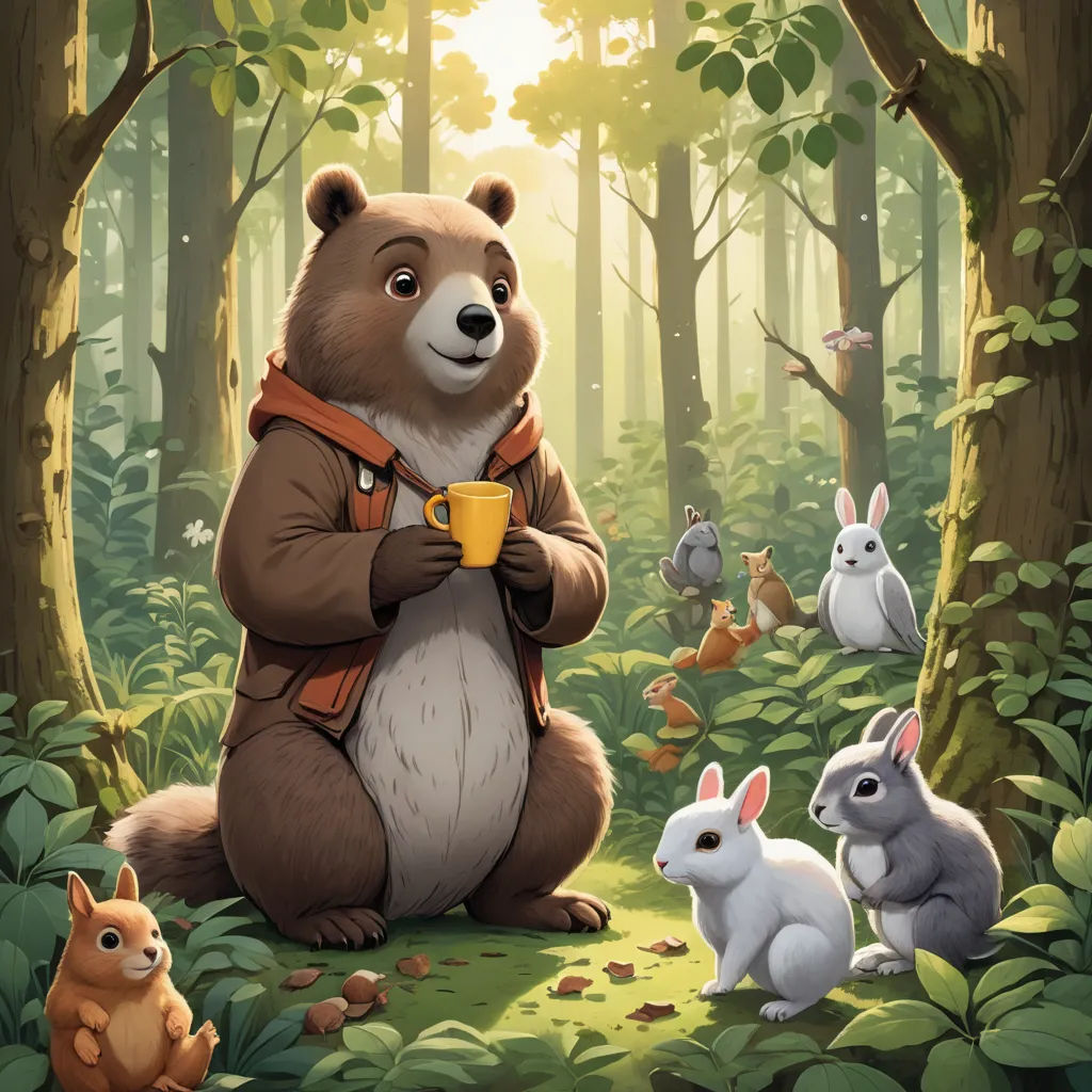 a bear is standing in the woods with rabbits and a cup of coffee in his hands and a mug in his hand, furry art, a storybook illustration, Chris LaBrooy, official art