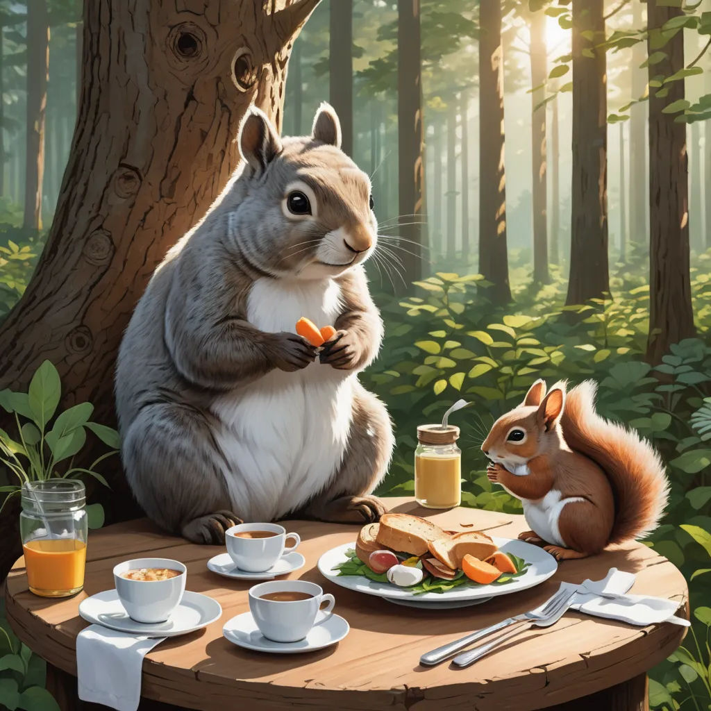 a squirrel eating food on a table in the woods with a squirrel eating food on a plate next to it, american scene painting, a storybook illustration, Chris LaBrooy, cgstudio