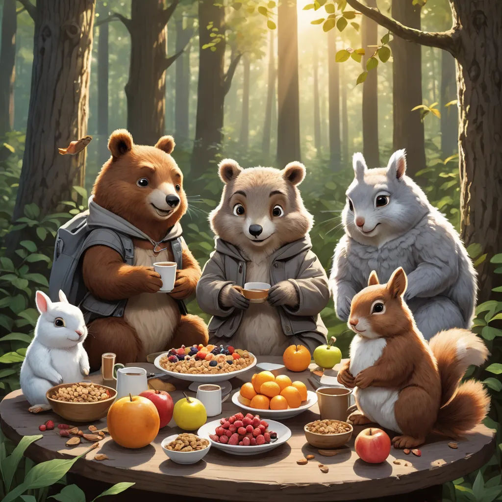 a painting of a group of animals eating food in the woods with a forest background and a forest scene, furry art, a storybook illustration, Chris LaBrooy, official art