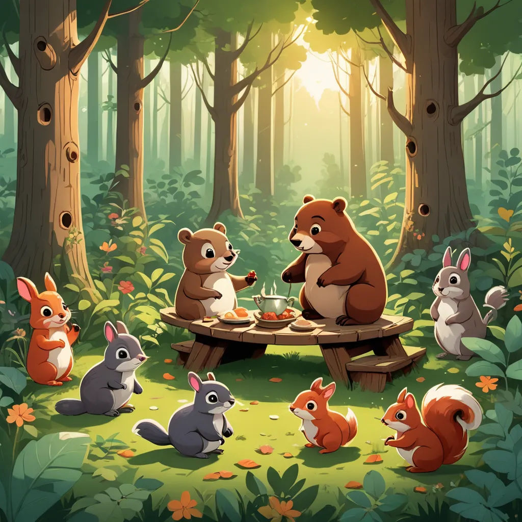 a group of animals sitting around a picnic table in the woods eating food from a bowl and drinking tea, furry art, a storybook illustration, Chris LaBrooy, storybook illustration