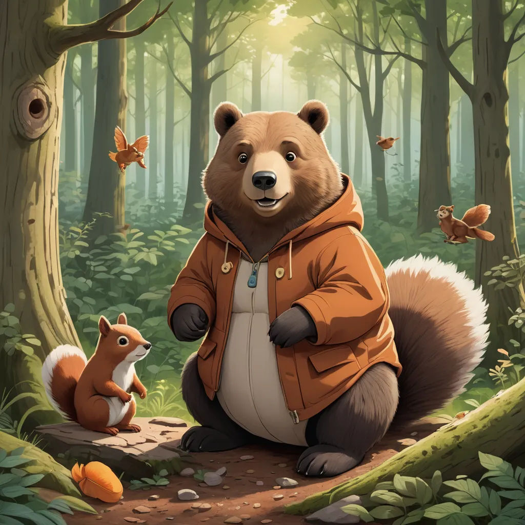 a bear and a squirrel are in the woods together, with butterflies flying overhead and a forest scene in the background, furry art, a character portrait, Chris LaBrooy, official art