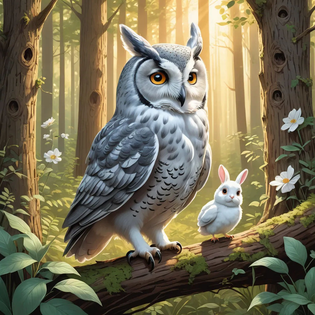 a painting of an owl and a rabbit in a forest with flowers and trees in the background, with sunlight coming through the trees, fantasy art, a storybook illustration, Chris LaBrooy, official art