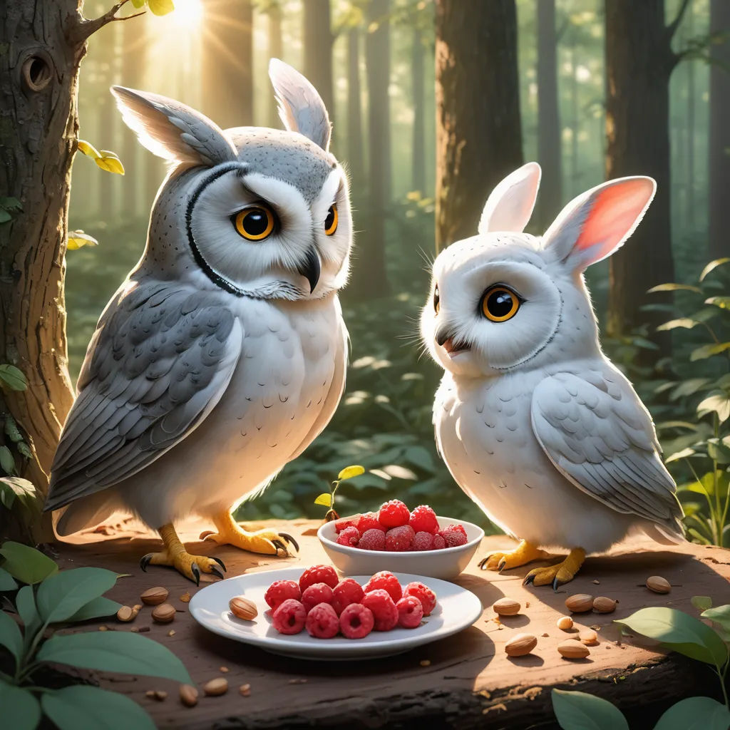 two owls sitting on a table with berries and nuts in front of them, with the sun shining through the trees, fantasy art, a storybook illustration, Chris LaBrooy, rossdraws global illumination