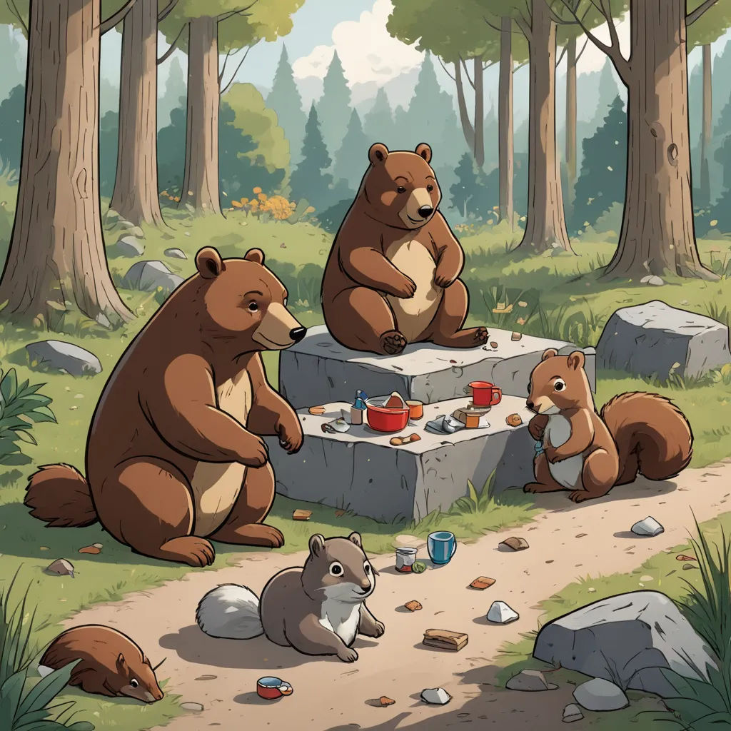 a group of bears sitting around a picnic table in the woods with a squirrel eating food from a bowl, furry art, a storybook illustration, Chris LaBrooy, storybook illustration
