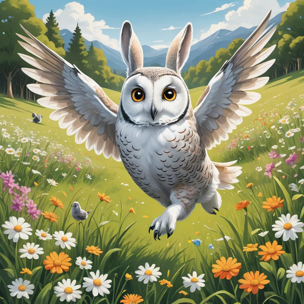 a painting of an owl flying over a field of flowers and daisies with a mountain in the background, fantasy art, a storybook illustration, Chris LaBrooy, magic the gathering artwork