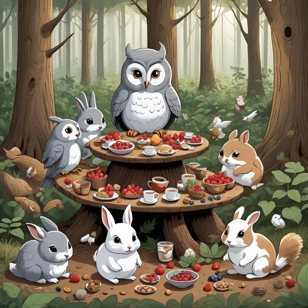 a painting of a forest with a table full of food and animals eating berries and nuts, and an owl sitting on the table, pop surrealism, a storybook illustration, Chris LaBrooy, storybook illustration