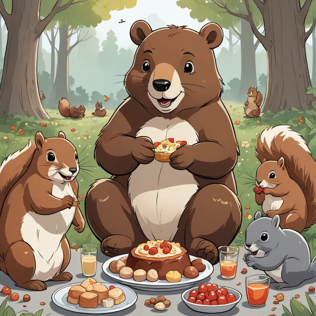 a bear sitting on a picnic table surrounded by other animals eating food and drinking orange juice from a glass, furry art, a storybook illustration, Chris LaBrooy, official art