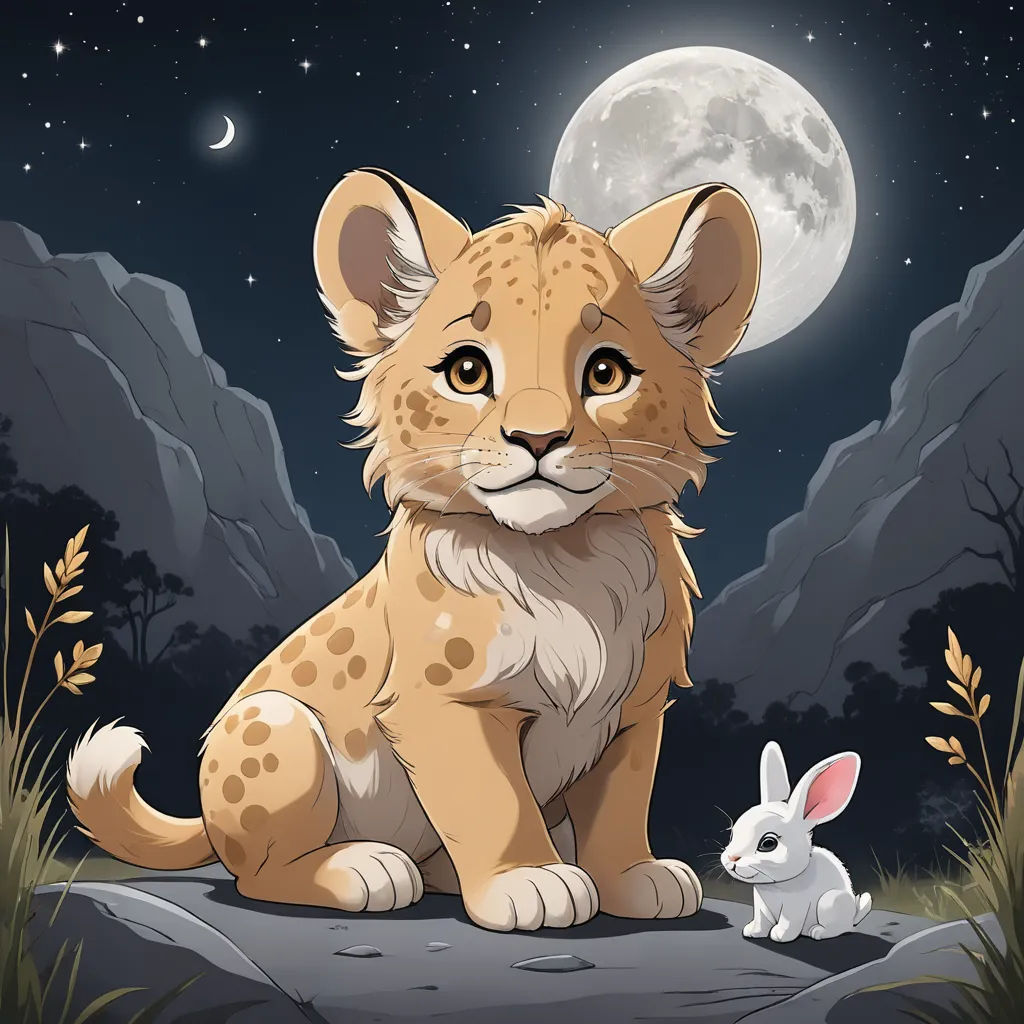 a cartoon lion and a rabbit sitting on a rock under a full moon sky with a mountain range in the background, furry art, a character portrait, artist, furaffinity